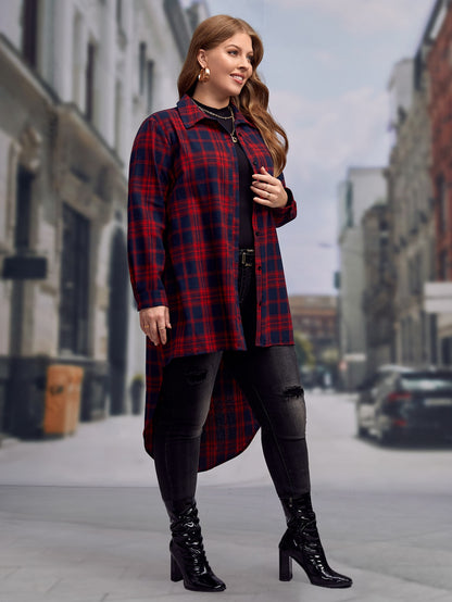 بلوزة طباعة مربع النقش بحافة عالي ومنخفض مقاس كبير