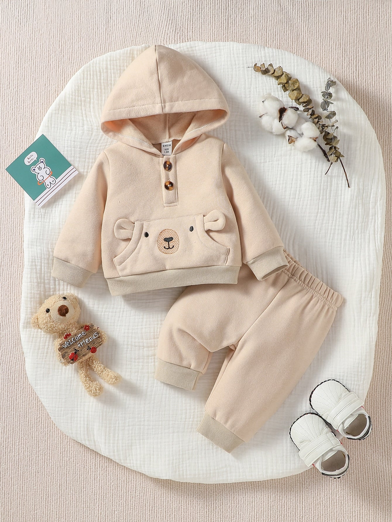 هودي نمط رسوم كارتون جيب الكنغر وبنطلون رياضي مولود جديد