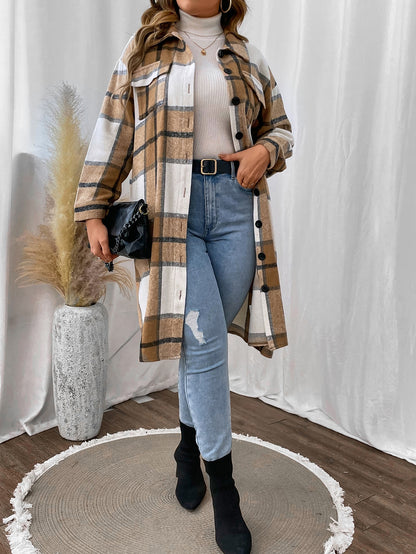 معطف طباعة مربع النقش منخفض الاكتاف مقاس كبير