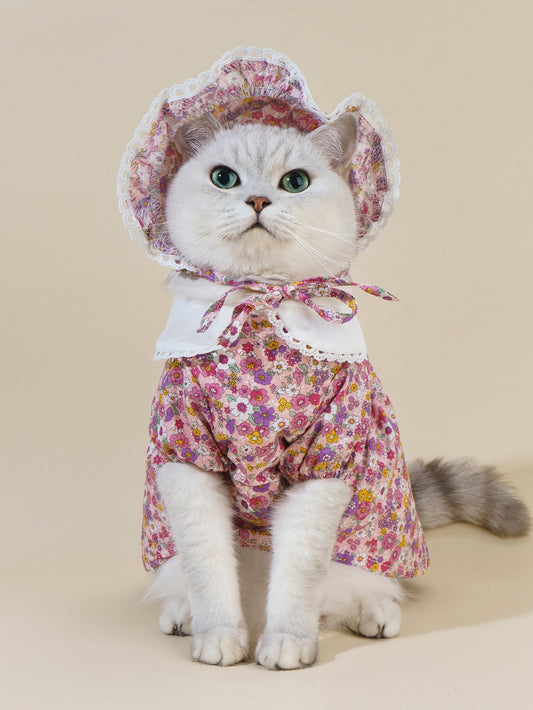 فستان حيوانات أليفة نمط زهر اقحوان قطعة واحدة مع قبعة قطعة واحدة