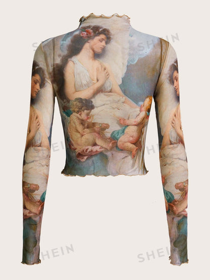 تي شيرت قصير جرافيك شكل مقلم نمط نبات الخس