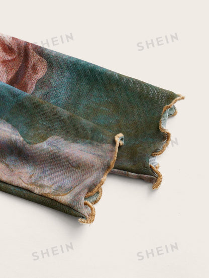 تي شيرت قصير جرافيك شكل مقلم نمط نبات الخس