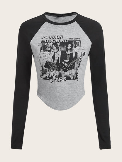 تي شيرت بجرافيك عبارة وشخصية اكمام راجلان