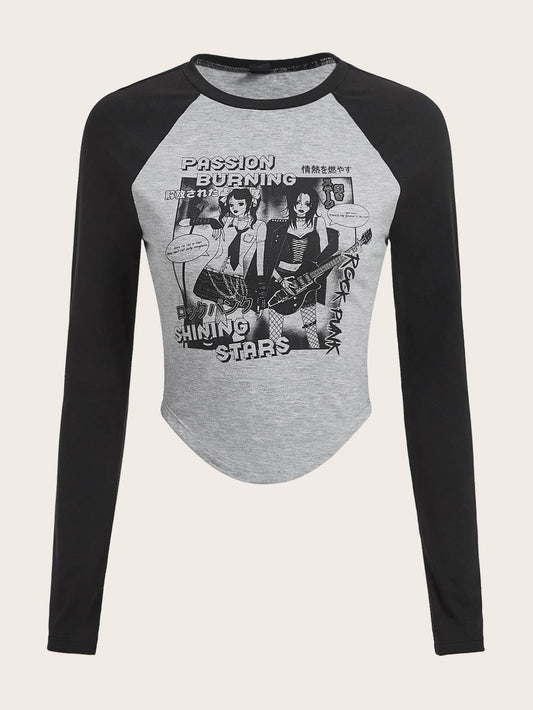 تي شيرت بجرافيك عبارة وشخصية اكمام راجلان