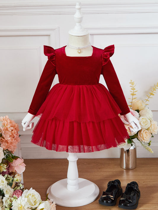 فستان مقلم بكشكش ياقة مربع بحافة طبقات مخملي للاطفال