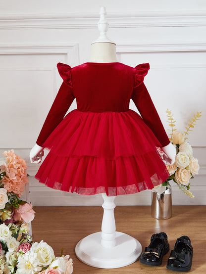 فستان مقلم بكشكش ياقة مربع بحافة طبقات مخملي للاطفال