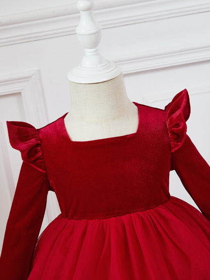 فستان مقلم بكشكش ياقة مربع بحافة طبقات مخملي للاطفال