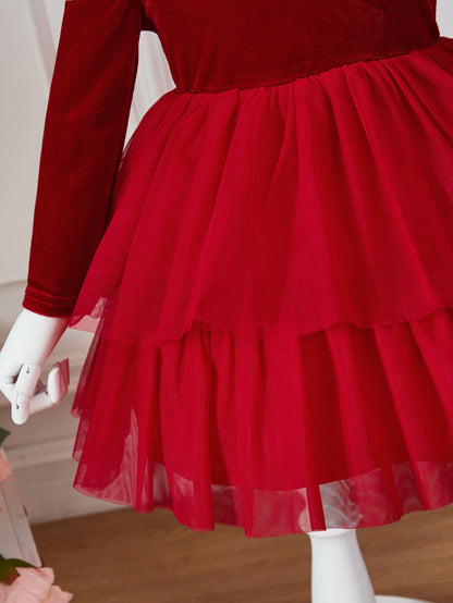 فستان مقلم بكشكش ياقة مربع بحافة طبقات مخملي للاطفال