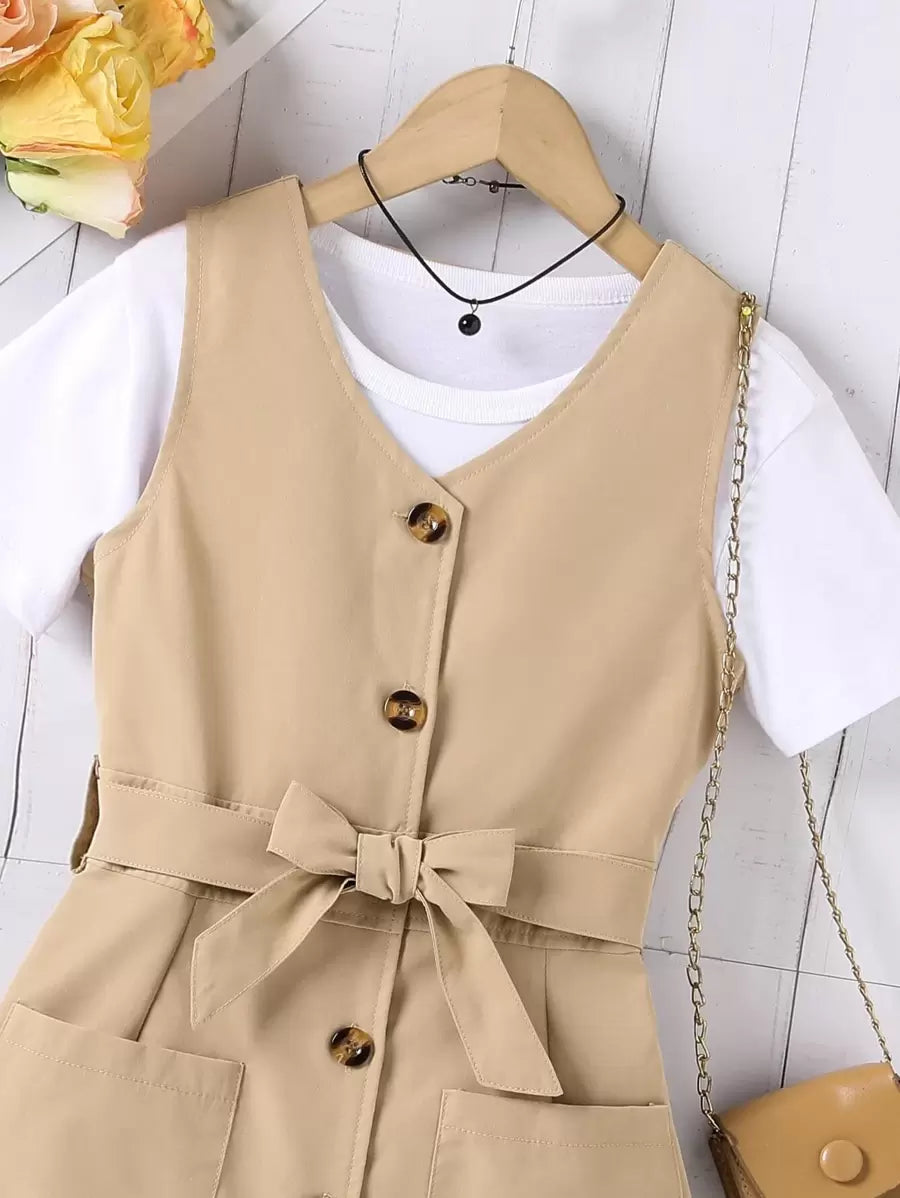 فتاة مراهقة فستان زر مقدمة حزام بجيبين دون تي شيرت