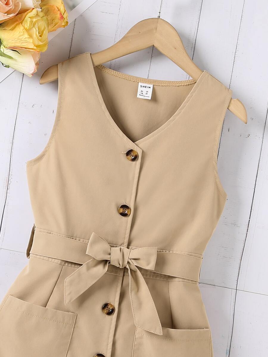 فتاة مراهقة فستان زر مقدمة حزام بجيبين دون تي شيرت