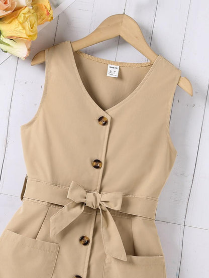 فتاة مراهقة فستان زر مقدمة حزام بجيبين دون تي شيرت