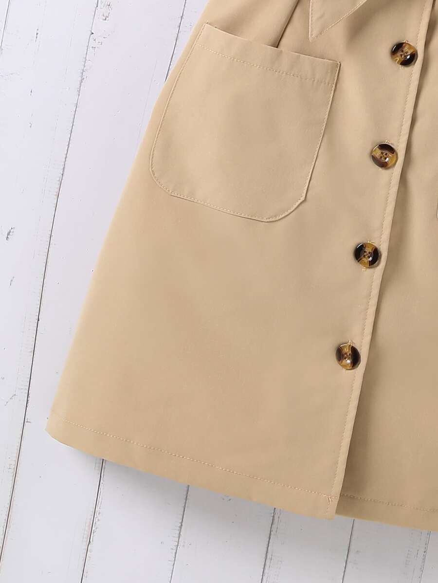 فتاة مراهقة فستان زر مقدمة حزام بجيبين دون تي شيرت