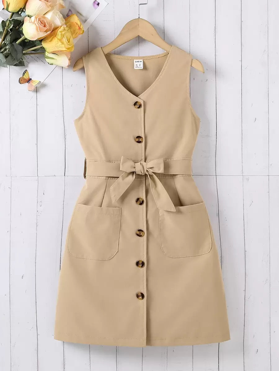 فتاة مراهقة فستان زر مقدمة حزام بجيبين دون تي شيرت