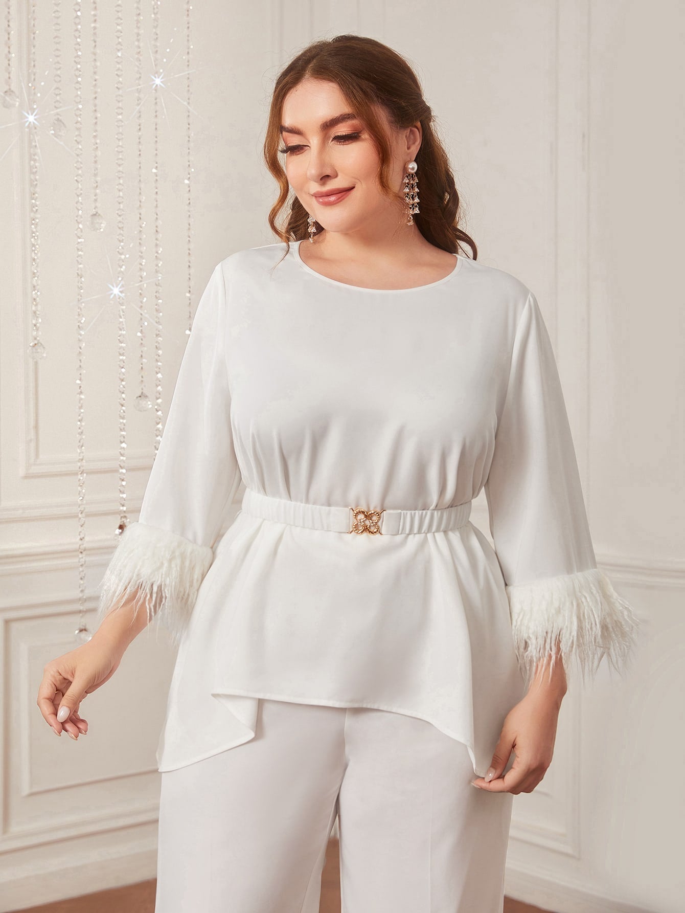 بنطلون مع مع لباس علوي زغبي كفة حافة غير متماثل حزام مقاس كبير