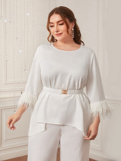 بنطلون مع مع لباس علوي زغبي كفة حافة غير متماثل حزام مقاس كبير