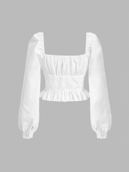 بلوزة موحدة اللون ربطة امامية حافة مكشكشة