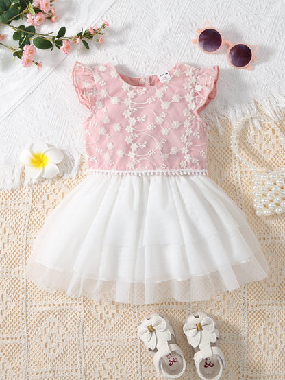 تي شيرت وتنورة متباين مطرز بأزهار شبكة مقلم بكشكش للاطفال