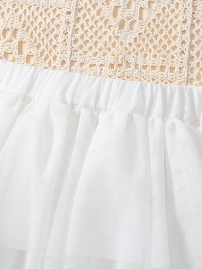 تي شيرت وتنورة متباين مطرز بأزهار شبكة مقلم بكشكش للاطفال