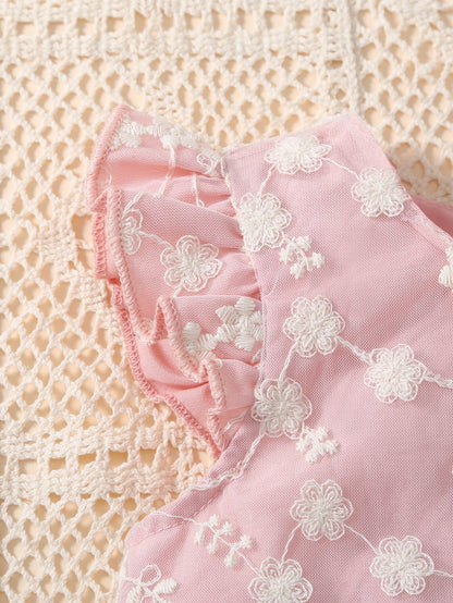 تي شيرت وتنورة متباين مطرز بأزهار شبكة مقلم بكشكش للاطفال