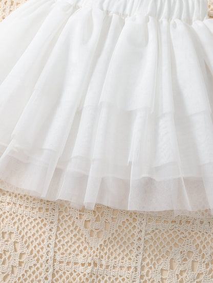 تي شيرت وتنورة متباين مطرز بأزهار شبكة مقلم بكشكش للاطفال