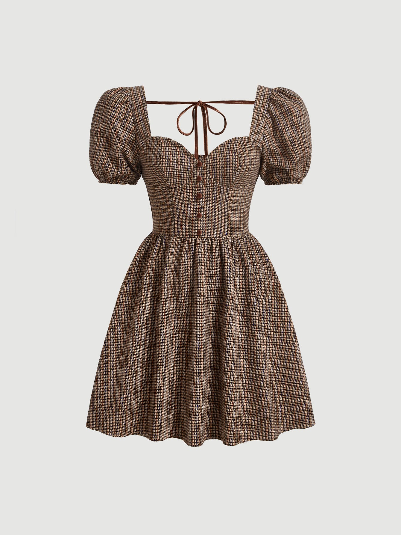 فستان طباعة مربع النقش اكمام منتفخة بربطة ظهر