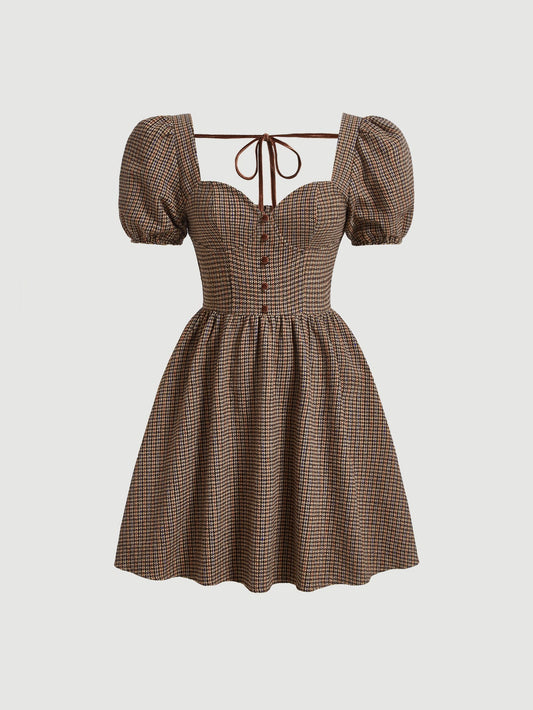 فستان طباعة مربع النقش اكمام منتفخة بربطة ظهر