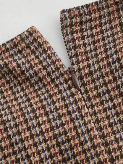 فستان طباعة مربع النقش اكمام منتفخة بربطة ظهر