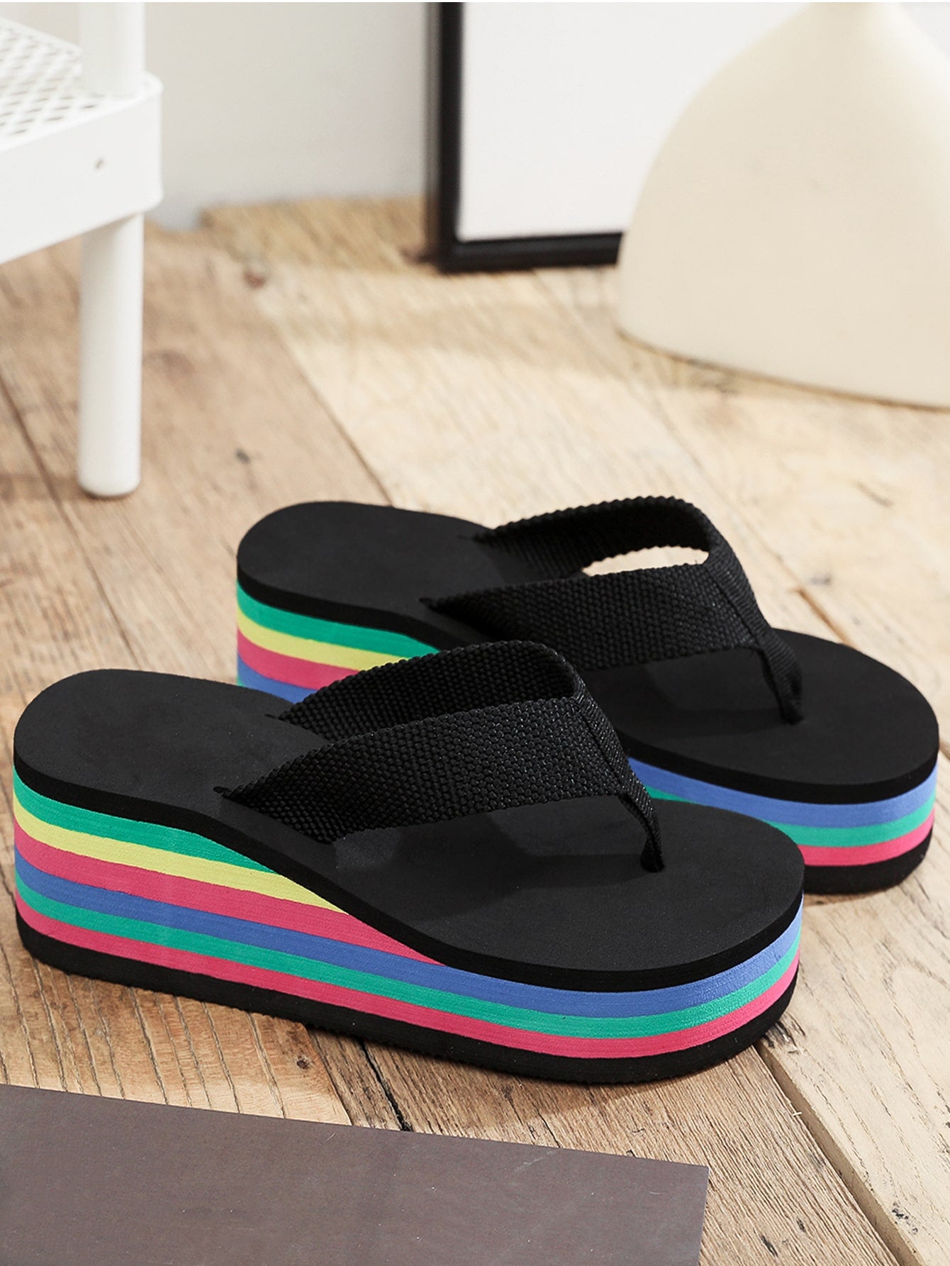 نساء نمط مخطط القوس القزحي شباشب , الموضة كعب متوسط شبشب