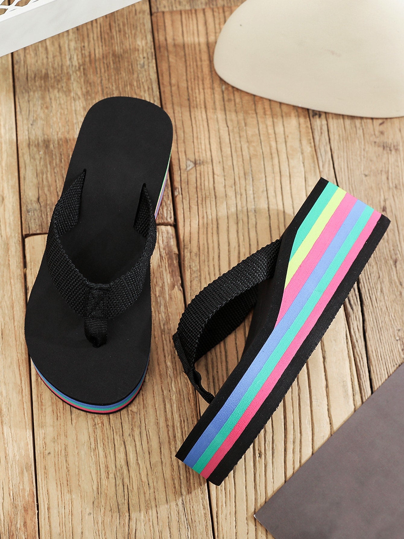 نساء نمط مخطط القوس القزحي شباشب , الموضة كعب متوسط شبشب