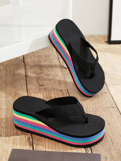 نساء نمط مخطط القوس القزحي شباشب , الموضة كعب متوسط شبشب