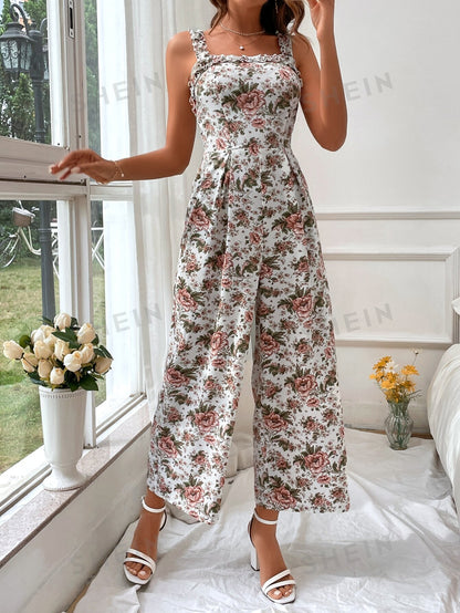 جمبسوت كامي واسع الساق طباعة الأزهار مقلم بكشكش