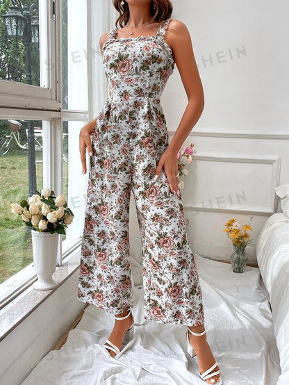 جمبسوت كامي واسع الساق طباعة الأزهار مقلم بكشكش