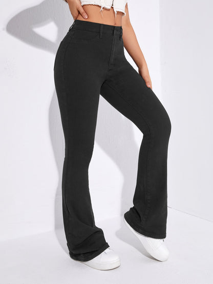 بنطلون جينز بساق واسع من الاسفل وبخصر عالي منحني