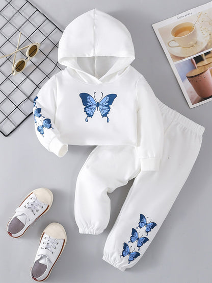 طقم بيجاما رياضية قطعتين لفتاة الأطفال يحتوي على جاكيت بطبعة فراشة وسروال رياضي