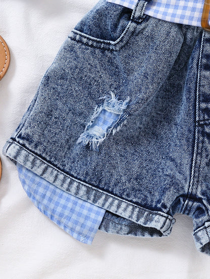 توب كاروهات جينغهام بكتف مكشوف وشورت دينيم ممزق بحزام طفلة صغيرة