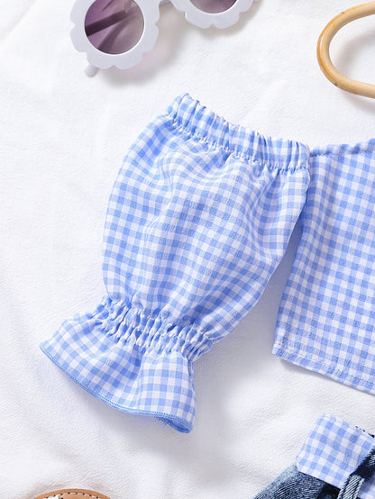 توب كاروهات جينغهام بكتف مكشوف وشورت دينيم ممزق بحزام طفلة صغيرة