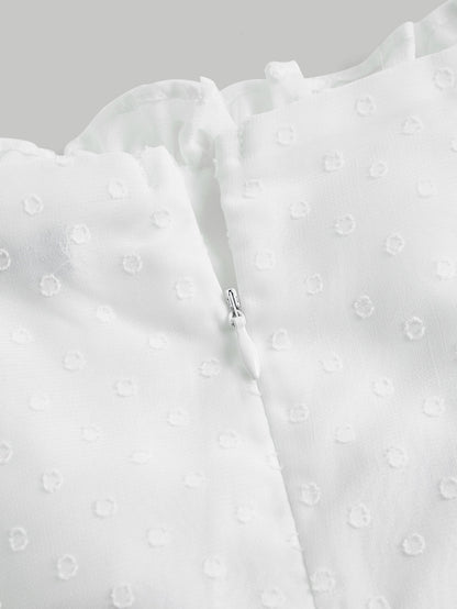 فستان الحليبي القصير ذو أكمام منتفخة مع طية مزدوجة وربطة أمامية