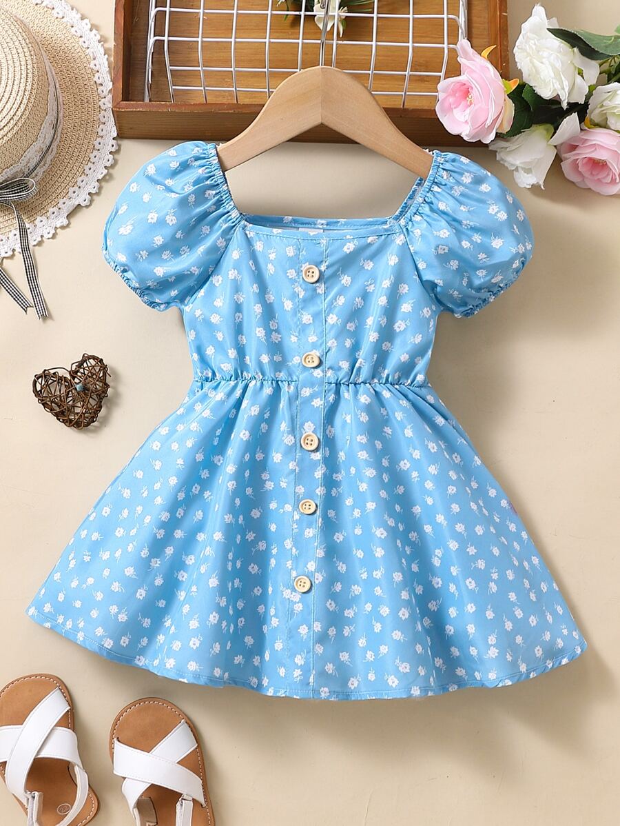 فستان بطباعة أزهار اقحوان اكمام منتفخة للاطفال