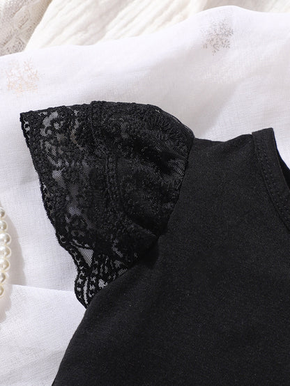 تي شيرت دانتيل متباين اللون اكمام منتفخة للاطفال