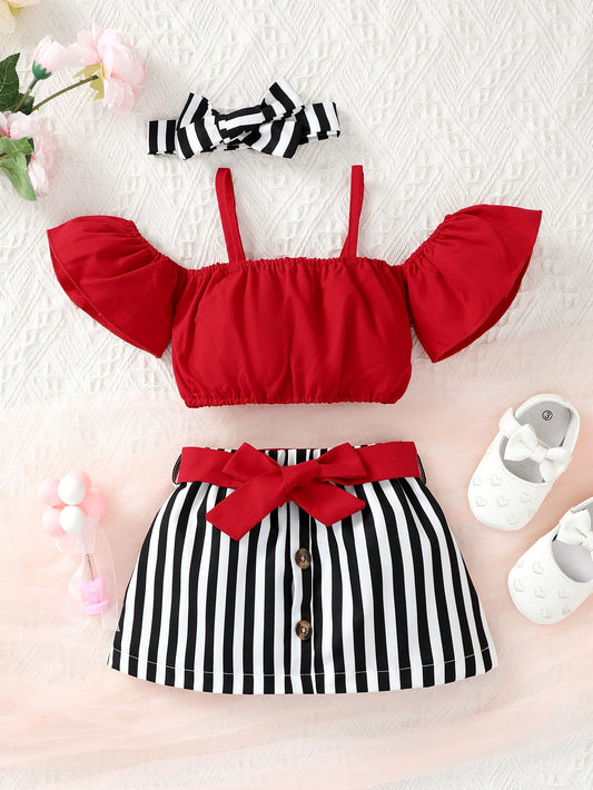 بلوزة بأكتاف و تنورة مخططة وحزام للرأس لفتاة الأطفال