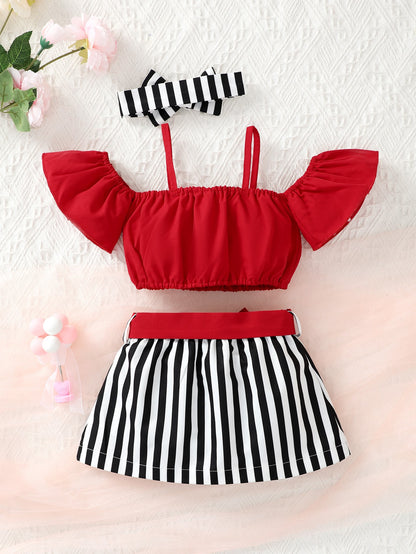 بلوزة بأكتاف و تنورة مخططة وحزام للرأس لفتاة الأطفال