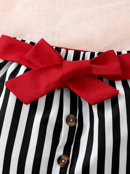 بلوزة بأكتاف و تنورة مخططة وحزام للرأس لفتاة الأطفال