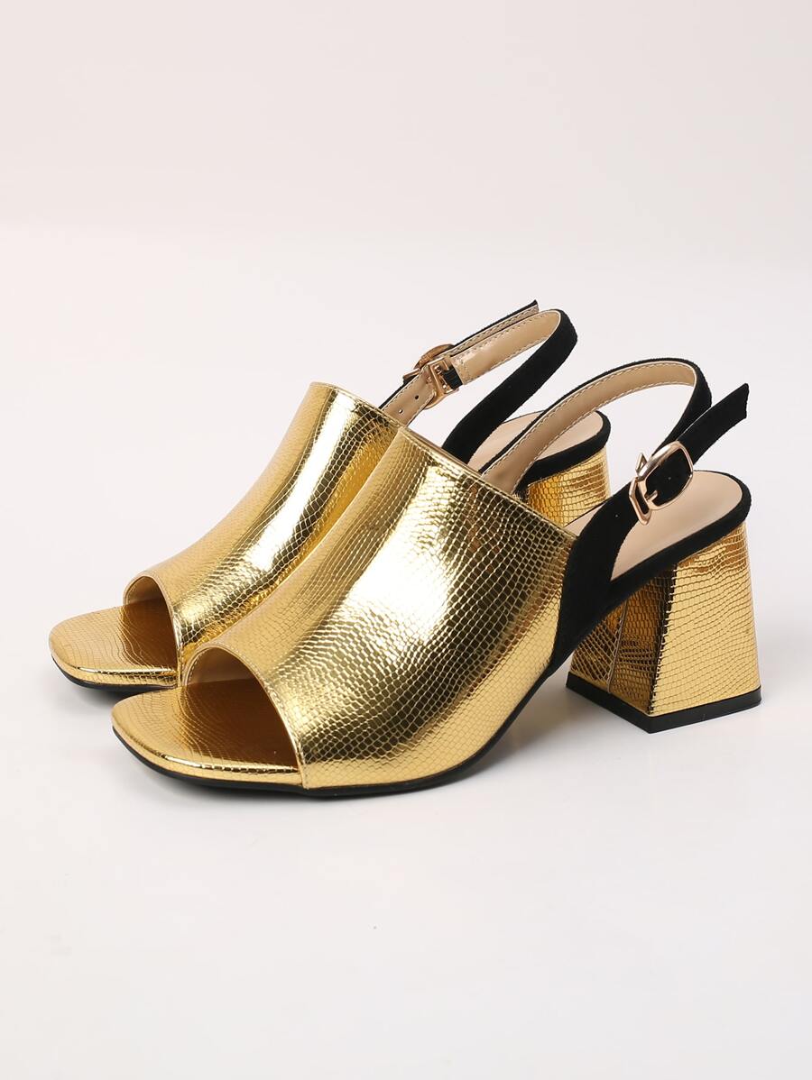 نعال نسائي ، صنادل براقة بكعب منحوتة ضبابية صفراء