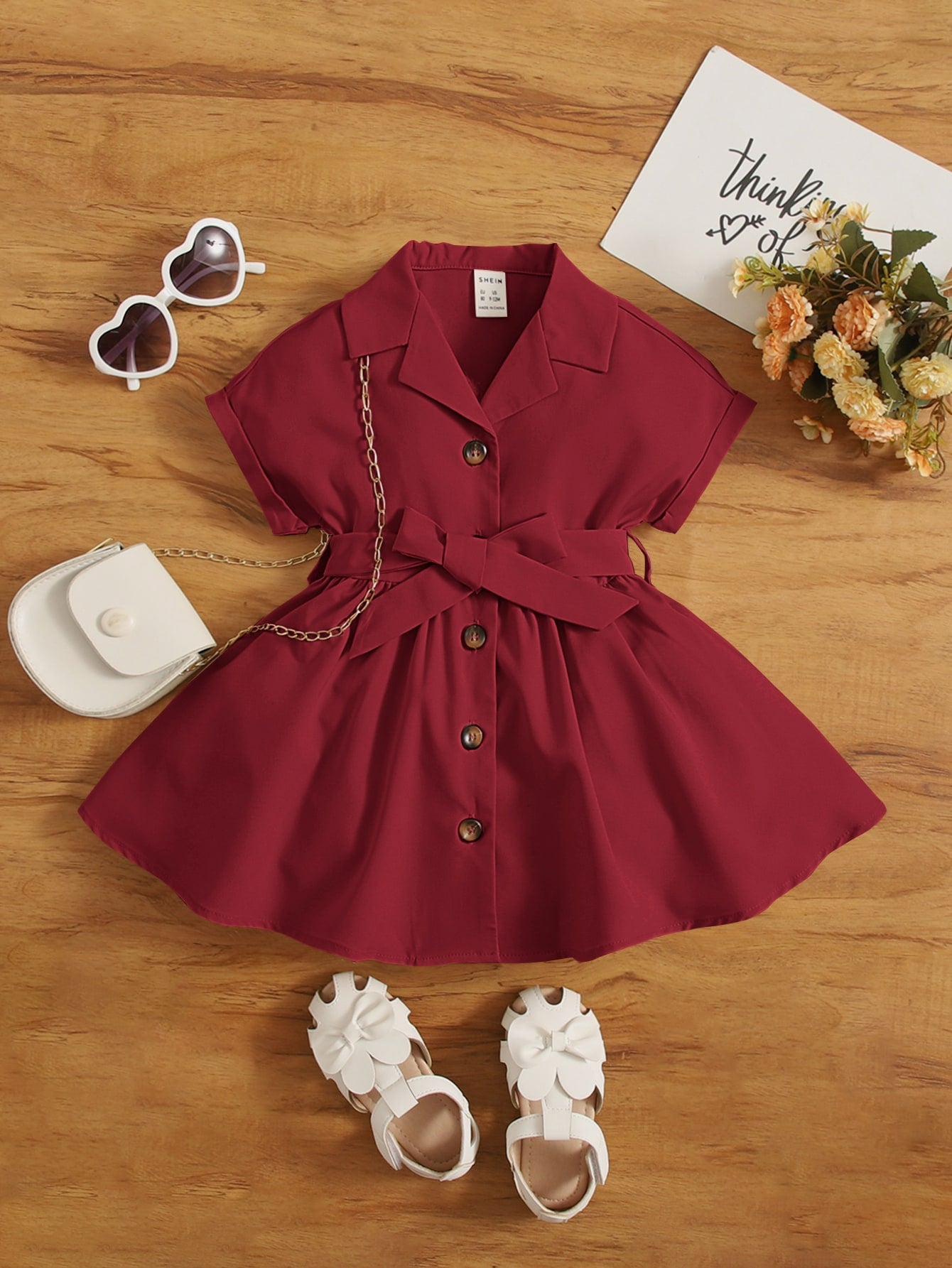 فستان قميص ياقة مطوي مسنن حزام للاطفال