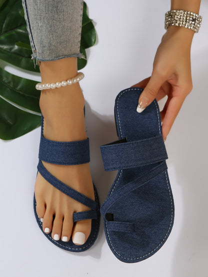 امرأة خاتم اصبع القدم صنادل مسطح خارجي دنيم صنادل بأشرطة رفيعة