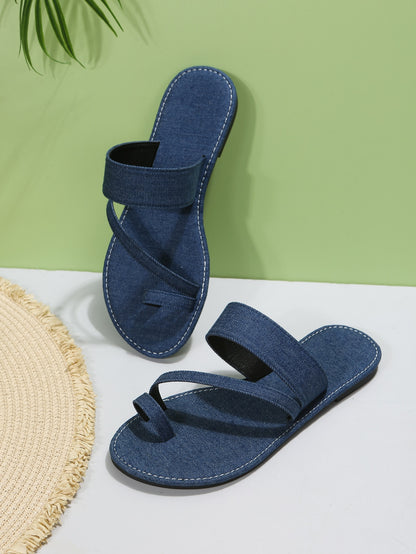 امرأة خاتم اصبع القدم صنادل مسطح خارجي دنيم صنادل بأشرطة رفيعة