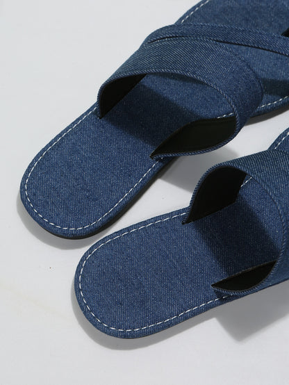 امرأة خاتم اصبع القدم صنادل مسطح خارجي دنيم صنادل بأشرطة رفيعة