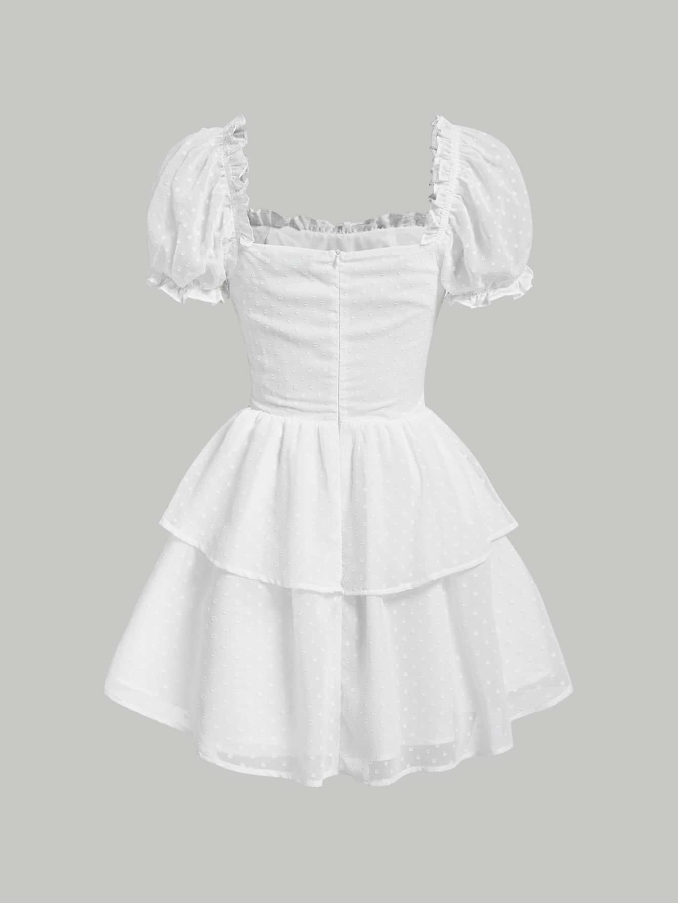 فستان الحليبي القصير ذو أكمام منتفخة مع طية مزدوجة وربطة أمامية