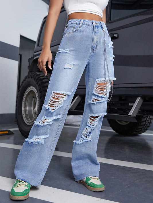 جينز بساق مستقيم بتفاصيل السلسلة ممزق
