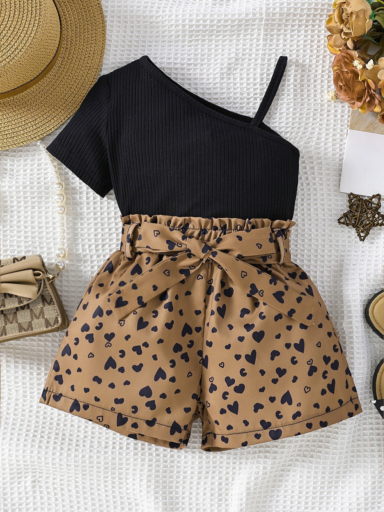 للبنات الصغار ياقة غير متماثل تي شيرت